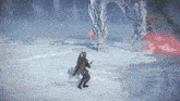 a video game character is standing in front of a large dragon