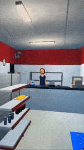a computer generated image of a woman behind a counter in a restaurant