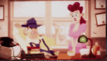 a cartoon of a man and a woman talking