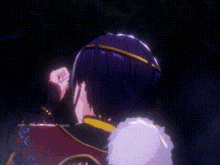 a close up of a cartoon character wearing a purple headband and a yellow jacket .