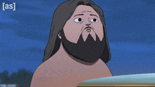 a cartoon of a shirtless man with a beard and the letters as on the bottom left
