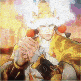a man with a crown on his head is holding a book with the letter g on it