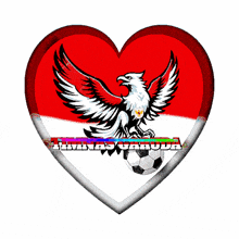 a red white and black heart with timnas garuda pasti menang on it