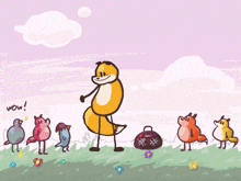 a cartoon drawing of a fox standing in a field with birds and flowers and a bag that says wow