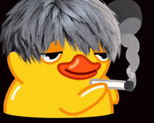 a yellow rubber duck with gray hair is smoking a cigarette