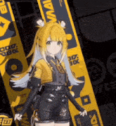 a girl in a yellow and black outfit is standing in front of a sign that says mail
