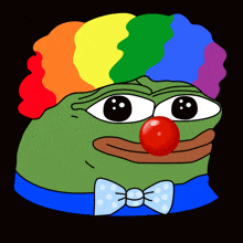 a green frog with a red nose and a rainbow wig