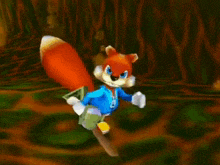 a cartoon squirrel is flying through the air while holding a stick .