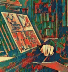 a painting of a person reading the inventive journey magazine