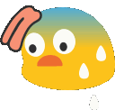 a cartoon chicken with sweat coming out of its eyes and a tongue sticking out .