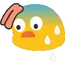 a cartoon chicken with sweat coming out of its eyes and a tongue sticking out .