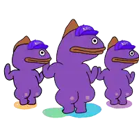 three purple frogs wearing npc hats are standing next to each other