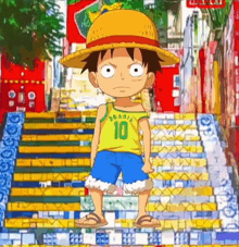 monkey d luffy from one piece is standing on a set of stairs wearing a shirt that says brasil 10