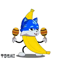 a cartoon drawing of a cat holding maracas with the word toshi below it
