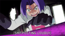 a cartoon character with purple hair and the words shitposting loudly on the bottom