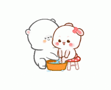 a cartoon of a bear washing another bear 's feet in a bowl of water