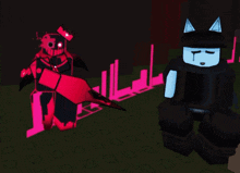 a red and black robot standing next to a black cat