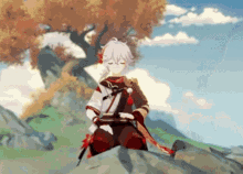a cartoon character is kneeling down on a rock holding a sword in front of a tree .