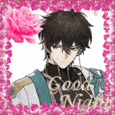 a picture of a boy with a pink rose and the words good night