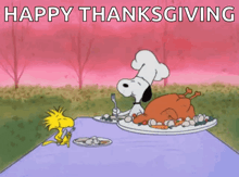 a cartoon of snoopy and woodstock sitting at a table eating turkey