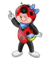 a ladybug wearing a blue and white polka dot bow and carrying a yellow purse