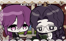 a cartoon of kafka and sol with a cat on top