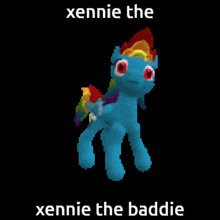 a pixel art of a blue pony with a rainbow mane and tail