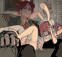 a cartoon drawing of a man and a woman reading a book