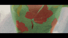 a green shirt with red flowers on it is being worn by a woman