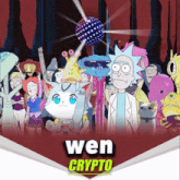 a group of cartoon characters are standing in front of a disco ball with the words wen crypto below them