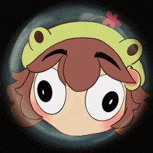 a cartoon character with a frog hat and a flower in her hair
