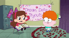 a cartoon of a girl and a boy standing in front of a banner that says dream date tryouts