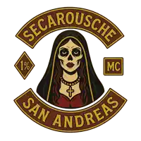 a logo for secarousche san andreas mc with a woman with a skull painted on her face