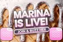 a sign that says marina is live with a ice cream cone in the background