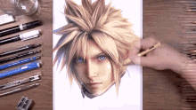 a person is drawing a cloud strife character with a pencil that says eraser on it
