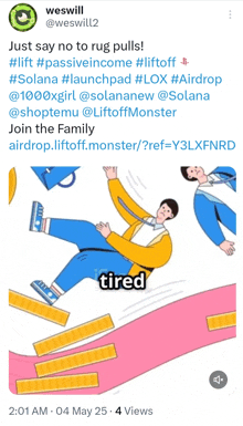 a tweet from weswill shows a man falling and the words tired