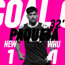 a black and white photo of a soccer player with the words 32 paqueta new whu 11