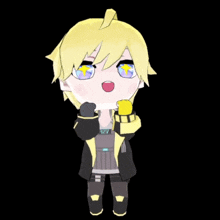 a 3d model of a boy with yellow hair and blue eyes holding a yellow object