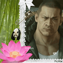 a picture of a man with a panda and a pink flower with picmix written on it