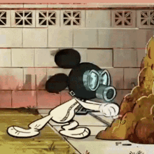 a cartoon of mickey mouse wearing a gas mask and smoking a cigarette .