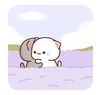 two cartoon cats are standing next to each other in a field of lavender flowers .