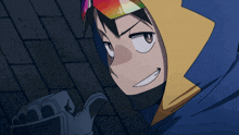 a cartoon character wearing a blue and yellow hoodie and gloves