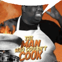 a man wearing an apron that says " the man who couldn t cook "