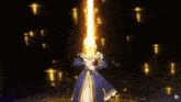 a girl with blonde hair is holding a large sword