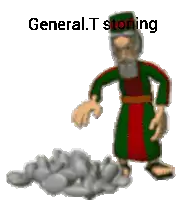 a cartoon of a man throwing a rock with the words general t stoning below him