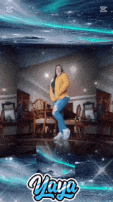 a woman in a yellow jacket is dancing in a room with the name maya written on the bottom