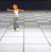 a cartoon character is dancing on a white tile floor