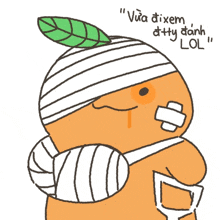 a drawing of an orange with a bandage on his head and a green leaf