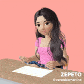 a cartoon girl is sitting at a desk with the name zepeto