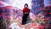 a woman in a red top and black skirt is standing in a field of flowers holding a sword